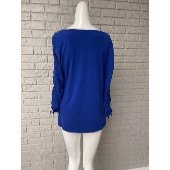 Susan Graver Women Royal Liquid Knit Ruched Drawstring Long Sleeve Top Size S - Picture 3 of 6